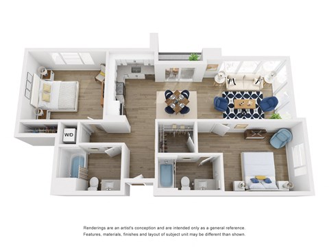 Floor plan for 2 beds, 2 baths, 961 sqft